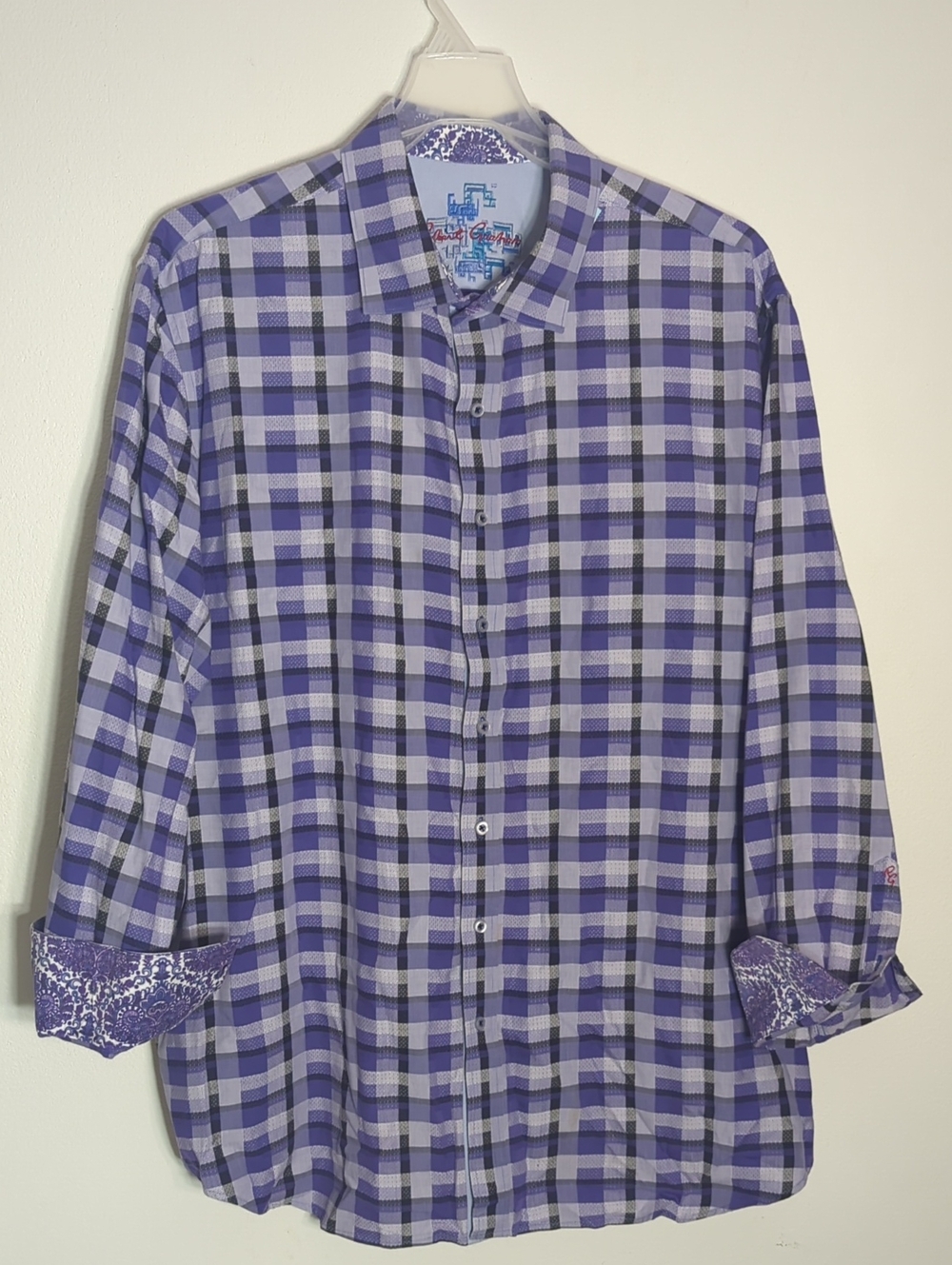 Robert Graham Men's Shirt Flip Cuff Plaid Paisley Purple Colorful Vibrant 2XL